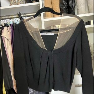 Alexander Wang black knit sweater w/ illusion off the shoulder neckline